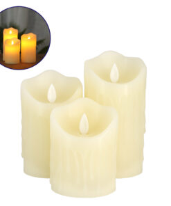 GloboStar® 79561 ΣΕΤ 3 Διακοσμητικών Realistic Κεριών Παραφίνης με LED Εφέ Κινούμενης Φλόγας – Μπαταρίας & Ασύρματο Χειριστήριο IR Σχέδιο Λιωμένο Κερί Θερμό Λευκό 3000K Dimmable