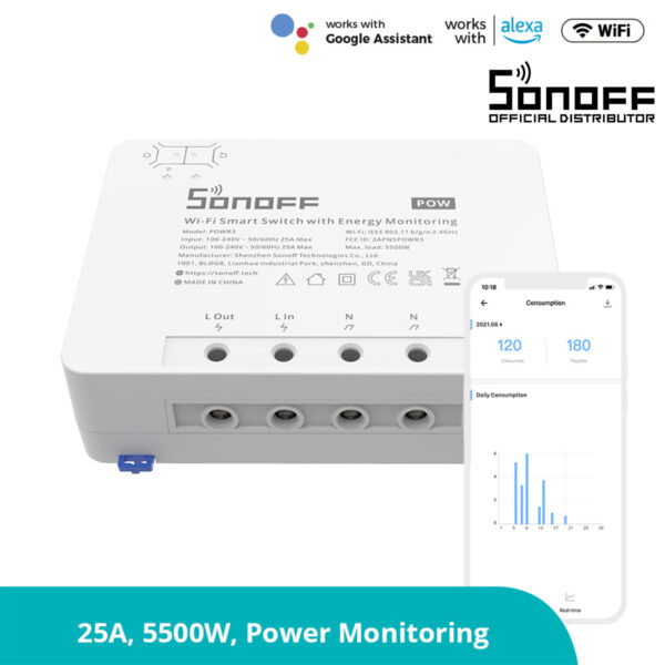 GloboStar® 80060 SONOFF POWR3 - Wi-Fi Smart High Power Switch - 25A/5500W