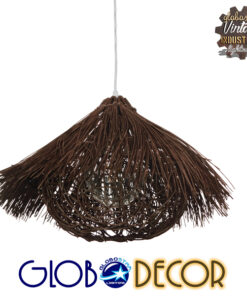 GloboStar® MAGIE 01600 Vintage Κρεμαστό Φωτιστικό Οροφής Μονόφωτο 1 x E27 Καφέ Σκούρο Ξύλινο Ψάθινο Rattan Φ50 x Υ30cm