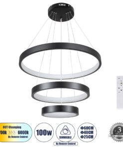 GloboStar® NEMESIS TRIO 61167 Κρεμαστό Φωτιστικό Δαχτυλίδι-Κύκλος LED CCT 100W 12123lm 360° AC 220-240V – Εναλλαγή Φωτισμού μέσω Τηλεχειριστηρίου All In One Ψυχρό 6000k+Φυσικό 4500k+Θερμό 2700k Dimmable Φ25+40+60cm – Μαύρο – 3 Years Warranty