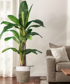 GloboStar® Artificial Garden CHALKI 20200 Διακοσμητικό Πλεκτό Καλάθι – Κασπώ Γλάστρα – Flower Pot Μπεζ Σκούρο με Λευκό Π35cm x Υ40cm