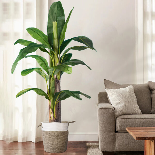 GloboStar® Artificial Garden CHALKI 20200 Διακοσμητικό Πλεκτό Καλάθι – Κασπώ Γλάστρα – Flower Pot  Μπεζ Σκούρο με Λευκό Π35cm x Υ40cm
