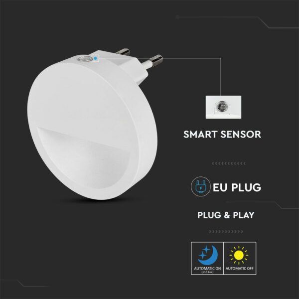 LED Φωτιστικό Νυκτός Στρογγυλό Λευκό με Αισθητήρα Νύχτας-Μέρας 0.45W V-TAC PRO Samsung Chip Θερμό 3000K – 20017