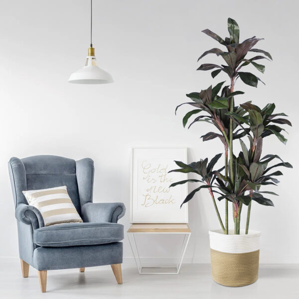 GloboStar® Artificial Garden PALAWAN 20202 Διακοσμητικό Πλεκτό Καλάθι – Κασπώ Γλάστρα – Flower Pot  Μπεζ με Λευκό Π30cm x Υ30cm