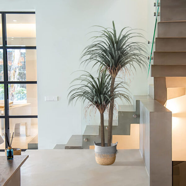 GloboStar® Artificial Garden SYROS 20283 Διακοσμητικό Πλεκτό Καλάθι – Κασπώ Γλάστρα – Flower Pot Μπεζ με Γκρι Φ28cm x Υ24cm