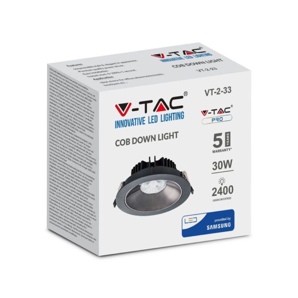 LED Φωτιστικό Χωνευτό COB 30W Μαύρο V-TAC PRO Samsung Chip 120° 2400lm Ψυχρό 6400K – 20059