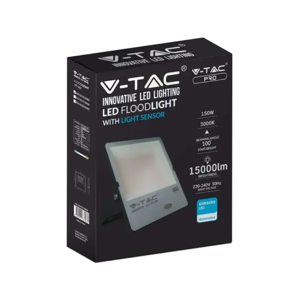 LED Προβολέας με Αισθητήρα Νύχτας-Μέρας 150W Μαύρος V-TAC Pro Samsung Chip IP65 100° 15000lm Ψυχρό 6500K – 20180