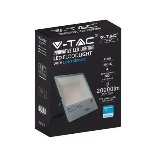 LED Προβολέας με Αισθητήρα Νύχτας-Μέρας 200W Μαύρος V-TAC Pro Samsung Chip IP65 100° 20000lm Φυσικό 4000K – 20182