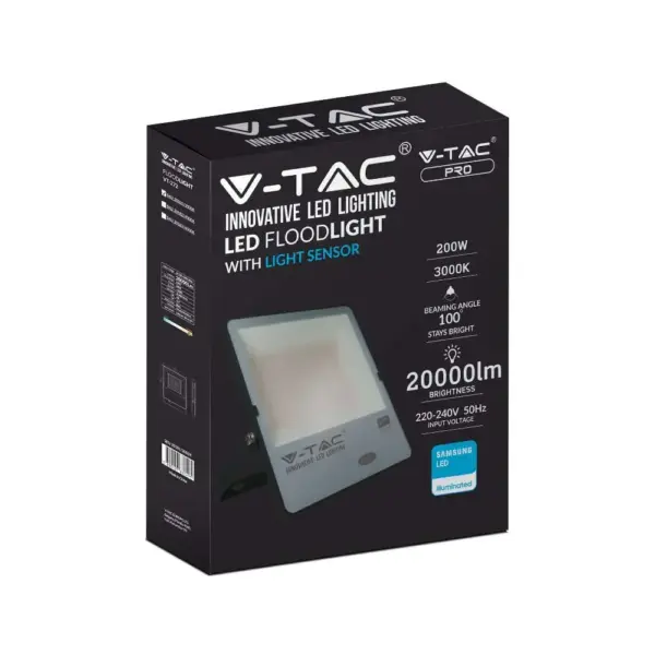 LED Προβολέας με Αισθητήρα Νύχτας-Μέρας 200W Μαύρος V-TAC Pro Samsung Chip IP65 100° 20000lm Φυσικό 4000K – 20182