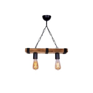 GloboStar® GLISTER 201-0002 Vintage Κρεμαστό Φωτιστικό Ράγα Δίφωτο 2 x E27 IP20 Μπεζ Ξύλο με Μαύρο Σχοινί – Μ40 x Π10 x Υ65cm