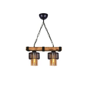 GloboStar® GLORA 201-0008 Vintage Κρεμαστό Φωτιστικό Ράγα Δίφωτο 2 x E27 IP20 Μπεζ Ξύλο με Μαύρο Μέταλλο & Μελί Γυαλί – Μ40 x Π15x Υ65cm