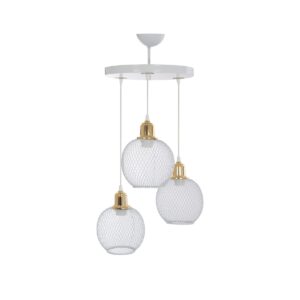 GloboStar® VIVIDUS 201-0021 Vintage Κρεμαστό Φωτιστικό Πλέγμα Τρίφωτο 3 x E27 IP20 Λευκό και Χρυσό Μέταλλο – Μ32 x Π32 x Υ70cm