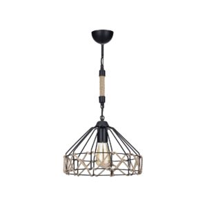 GloboStar® BEAMAX 201-0026 Μοντέρνο Κρεμαστό Φωτιστικό Πλέγμα Μονόφωτο 1 x E27 IP20 Μαύρο Μέταλλο με Μπεζ Σχοινί – Μ30 x Π30 x Υ70cm
