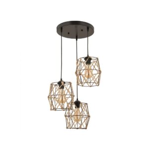 GloboStar® RAYLO 201-0048 Vintage Κρεμαστό Φωτιστικό Πλέγμα Τριφωτο 3 x E27 IP20 Mεταλλικό Μαύρο με Μπεζ Σχοινί – Μ30 x Π30 x Υ70cm