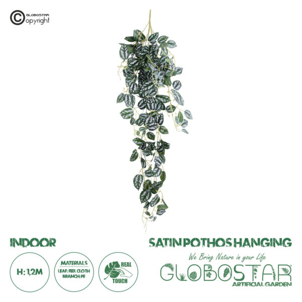 GloboStar® Artificial Garden SATIN POTHOS HANGING 20242 Τεχνητό Διακοσμητικό Κρεμαστό Φυτό Ασημένια Άμπελός - Πόθος Υ120cm