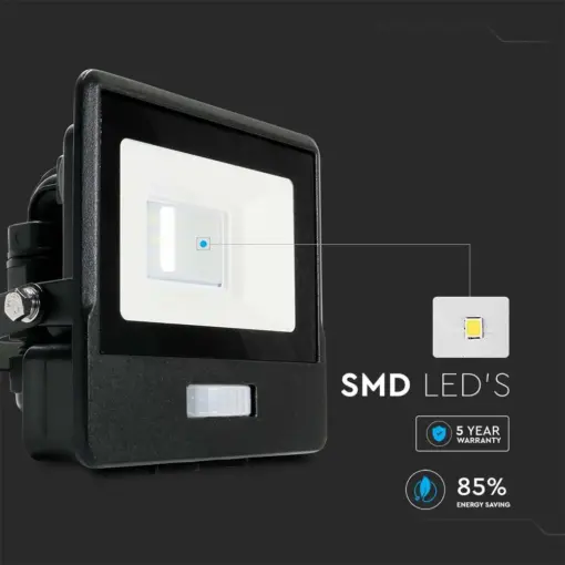LED Προβολέας με Ανιχνευτή Κίνησης 10W V-TAC PRO Samsung Chip 100° 735lm Μαύρος IP65 Θερμό 3000K – 20256