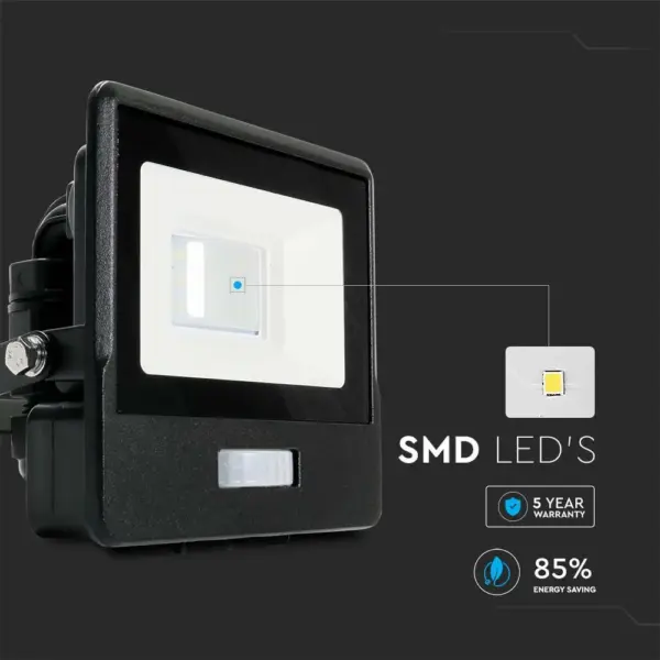 LED Προβολέας με Ανιχνευτή Κίνησης 10W V-TAC PRO Samsung Chip 100° 735lm Μαύρος IP65 Θερμό 3000K – 20256