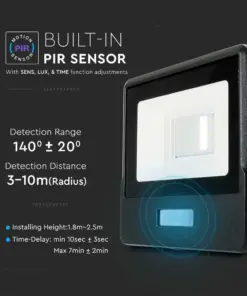 LED Προβολέας με Ανιχνευτή Κίνησης 10W V-TAC PRO Samsung Chip 100° 735lm Μαύρος IP65 Θερμό 3000K – 20256