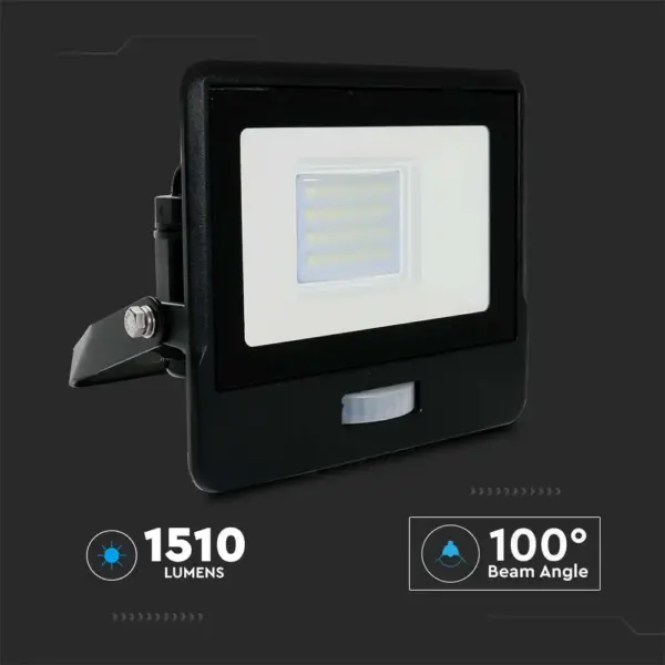 LED Προβολέας με Ανιχνευτή Κίνησης 20W V-TAC PRO Samsung Chip 100° 1510lm Μαύρος IP65 Θερμό 3000K – 20259