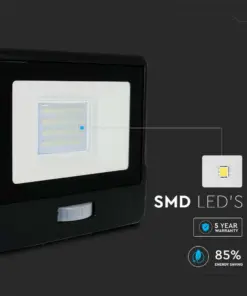 LED Προβολέας με Ανιχνευτή Κίνησης 20W V-TAC PRO Samsung Chip 100° 1510lm Μαύρος IP65 Θερμό 3000K – 20259