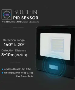 LED Προβολέας με Ανιχνευτή Κίνησης 20W V-TAC PRO Samsung Chip 100° 1510lm Μαύρος IP65 Θερμό 3000K – 20259