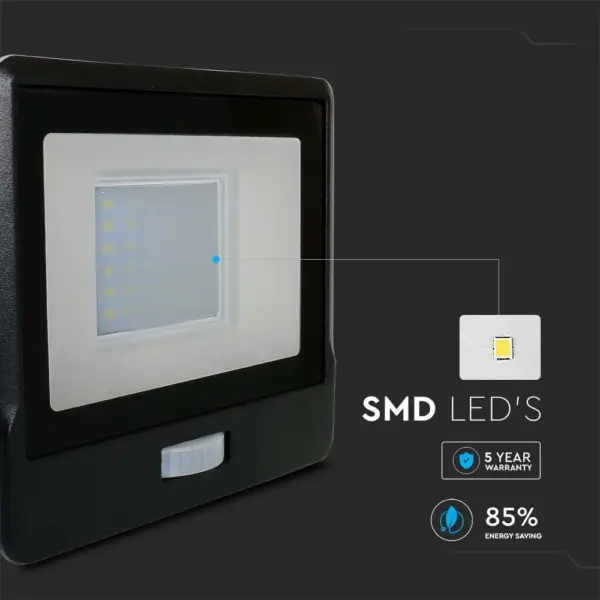 LED Προβολέας με Ανιχνευτή Κίνησης 30W V-TAC PRO Samsung Chip 100° 2340lm Μαύρος IP65 Θερμό 3000K – 20262