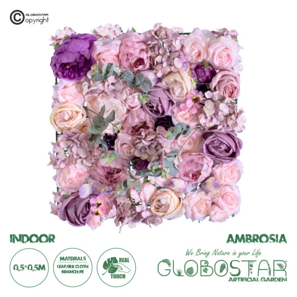 GloboStar® Artificial Garden AMBROSIA 20265 Τεχνητό Διακοσμητικό Πάνελ Λουλουδιών - Κάθετος Κήπος σύνθεση Αμβροσία Μ50 x Π50 x Υ9cm