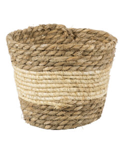 GloboStar® Artificial Garden KYTHIRA 20272 Διακοσμητικό Πλεκτό Καλάθι – Κασπώ Γλάστρα – Flower Pot Μπεζ με Λευκό Φ18cm x Υ15cm