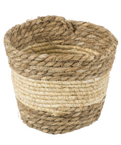 GloboStar® Artificial Garden KYTHIRA 20272 Διακοσμητικό Πλεκτό Καλάθι – Κασπώ Γλάστρα – Flower Pot Μπεζ με Λευκό Φ18cm x Υ15cm