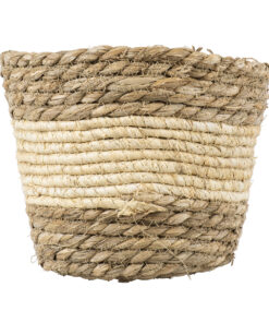 GloboStar® Artificial Garden KYTHIRA 20272 Διακοσμητικό Πλεκτό Καλάθι – Κασπώ Γλάστρα – Flower Pot Μπεζ με Λευκό Φ18cm x Υ15cm