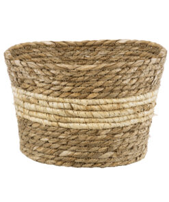 GloboStar® Artificial Garden KYTHIRA 20273 Διακοσμητικό Πλεκτό Καλάθι – Κασπώ Γλάστρα – Flower Pot Μπεζ με Λευκό Φ22cm x Υ15cm