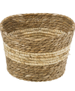 GloboStar® Artificial Garden KYTHIRA 20273 Διακοσμητικό Πλεκτό Καλάθι – Κασπώ Γλάστρα – Flower Pot Μπεζ με Λευκό Φ22cm x Υ15cm
