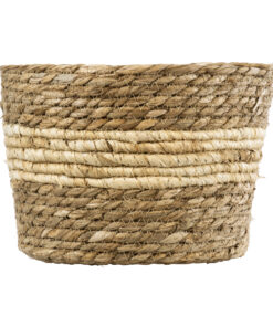 GloboStar® Artificial Garden KYTHIRA 20273 Διακοσμητικό Πλεκτό Καλάθι – Κασπώ Γλάστρα – Flower Pot Μπεζ με Λευκό Φ22cm x Υ15cm