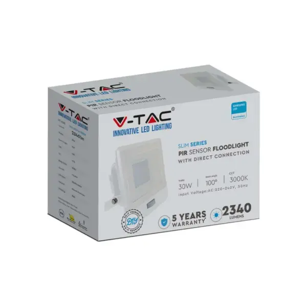 LED Προβολέας με Ανιχνευτή Κίνησης 30W V-TAC PRO Samsung Chip 100° 2340lm Λευκός IP65 Θερμό 3000K – 20274