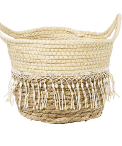 GloboStar® Artificial Garden MYKONOS 20278 Διακοσμητικό Πλεκτό Καλάθι – Κασπώ Γλάστρα – Flower Pot Μπεζ με Μακραμέ Φ18cm x Υ15cm