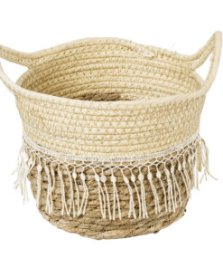 GloboStar® Artificial Garden MYKONOS 20278 Διακοσμητικό Πλεκτό Καλάθι – Κασπώ Γλάστρα – Flower Pot Μπεζ με Μακραμέ Φ18cm x Υ15cm