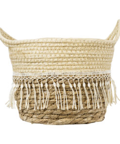 GloboStar® Artificial Garden MYKONOS 20278 Διακοσμητικό Πλεκτό Καλάθι – Κασπώ Γλάστρα – Flower Pot Μπεζ με Μακραμέ Φ18cm x Υ15cm