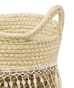 GloboStar® Artificial Garden MYKONOS 20278 Διακοσμητικό Πλεκτό Καλάθι – Κασπώ Γλάστρα – Flower Pot Μπεζ με Μακραμέ Φ18cm x Υ15cm