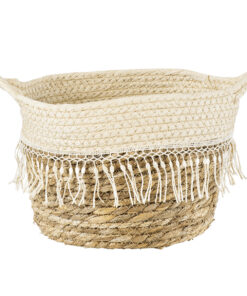 GloboStar® Artificial Garden MYKONOS 20279 Διακοσμητικό Πλεκτό Καλάθι – Κασπώ Γλάστρα – Flower Pot Μπεζ με Μακραμέ Φ22cm x Υ15cm