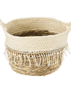 GloboStar® Artificial Garden MYKONOS 20279 Διακοσμητικό Πλεκτό Καλάθι – Κασπώ Γλάστρα – Flower Pot Μπεζ με Μακραμέ Φ22cm x Υ15cm
