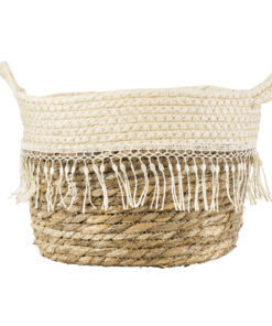 GloboStar® Artificial Garden MYKONOS 20279 Διακοσμητικό Πλεκτό Καλάθι – Κασπώ Γλάστρα – Flower Pot Μπεζ με Μακραμέ Φ22cm x Υ15cm