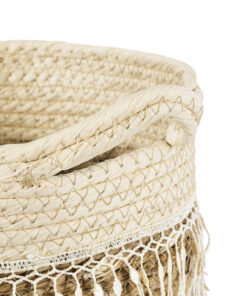 GloboStar® Artificial Garden MYKONOS 20279 Διακοσμητικό Πλεκτό Καλάθι – Κασπώ Γλάστρα – Flower Pot Μπεζ με Μακραμέ Φ22cm x Υ15cm