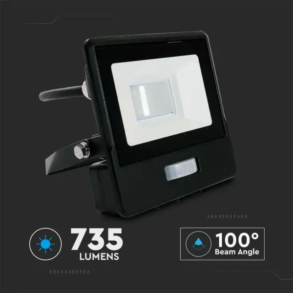 LED Προβολέας με Ανιχνευτή Κίνησης 10W V-TAC PRO Samsung Chip 100° 735lm Μαύρος IP65 Θερμό 3000K – 20280