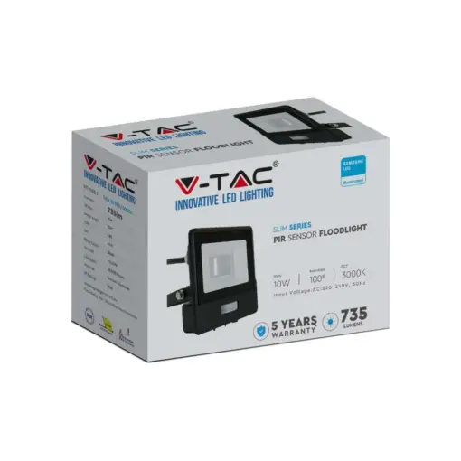 LED Προβολέας με Ανιχνευτή Κίνησης 10W V-TAC PRO Samsung Chip 100° 735lm Μαύρος IP65 Θερμό 3000K – 20280