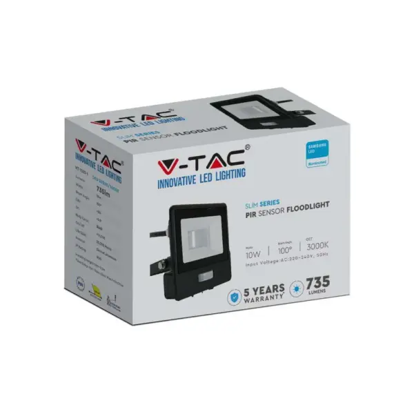LED Προβολέας με Ανιχνευτή Κίνησης 10W V-TAC PRO Samsung Chip 100° 735lm Μαύρος IP65 Θερμό 3000K – 20280