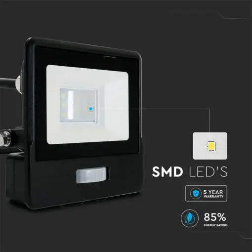 LED Προβολέας με Ανιχνευτή Κίνησης 10W V-TAC PRO Samsung Chip 100° 735lm Μαύρος IP65 Θερμό 3000K – 20280