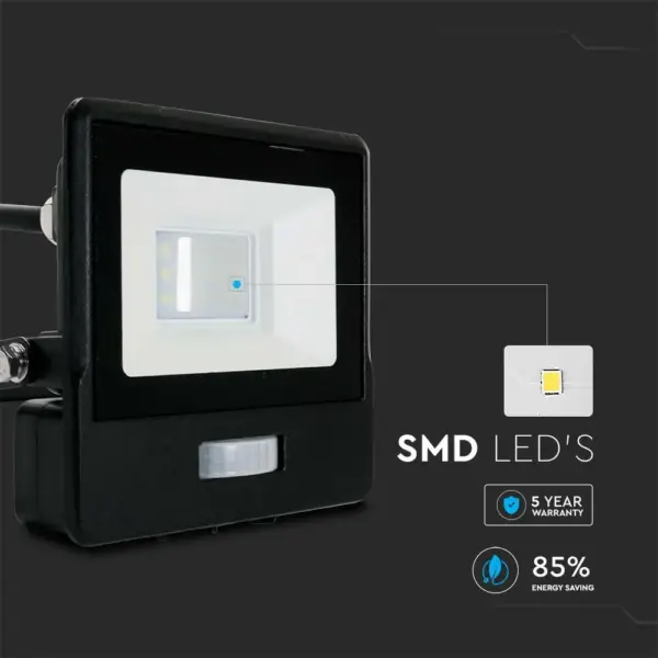 LED Προβολέας με Ανιχνευτή Κίνησης 10W V-TAC PRO Samsung Chip 100° 735lm Μαύρος IP65 Θερμό 3000K – 20280