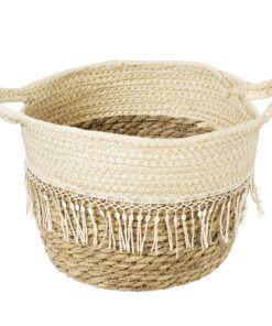 GloboStar® Artificial Garden MYKONOS 20280 Διακοσμητικό Πλεκτό Καλάθι – Κασπώ Γλάστρα – Flower Pot Μπεζ με Μακραμέ Φ25cm x Υ19cm