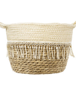 GloboStar® Artificial Garden MYKONOS 20280 Διακοσμητικό Πλεκτό Καλάθι – Κασπώ Γλάστρα – Flower Pot Μπεζ με Μακραμέ Φ25cm x Υ19cm