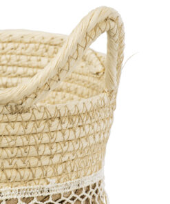 GloboStar® Artificial Garden MYKONOS 20280 Διακοσμητικό Πλεκτό Καλάθι – Κασπώ Γλάστρα – Flower Pot Μπεζ με Μακραμέ Φ25cm x Υ19cm
